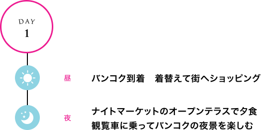 昼：バンコク到着　着替えて街へショッピング
夜：ナイトマーケットのオープンテラスで夕食 観覧車に乗ってバンコクの夜景を楽しむ