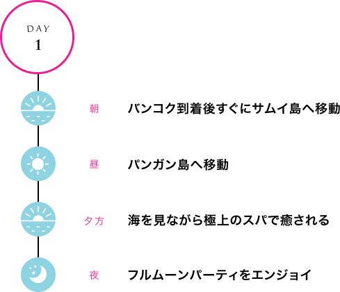 朝：バンコク到着後すぐにサムイ島へ移動　昼：パンガン島へ移動　夕方：海を見ながら極上のスパで癒される　夜：フルムーンパーティをエンジョイ